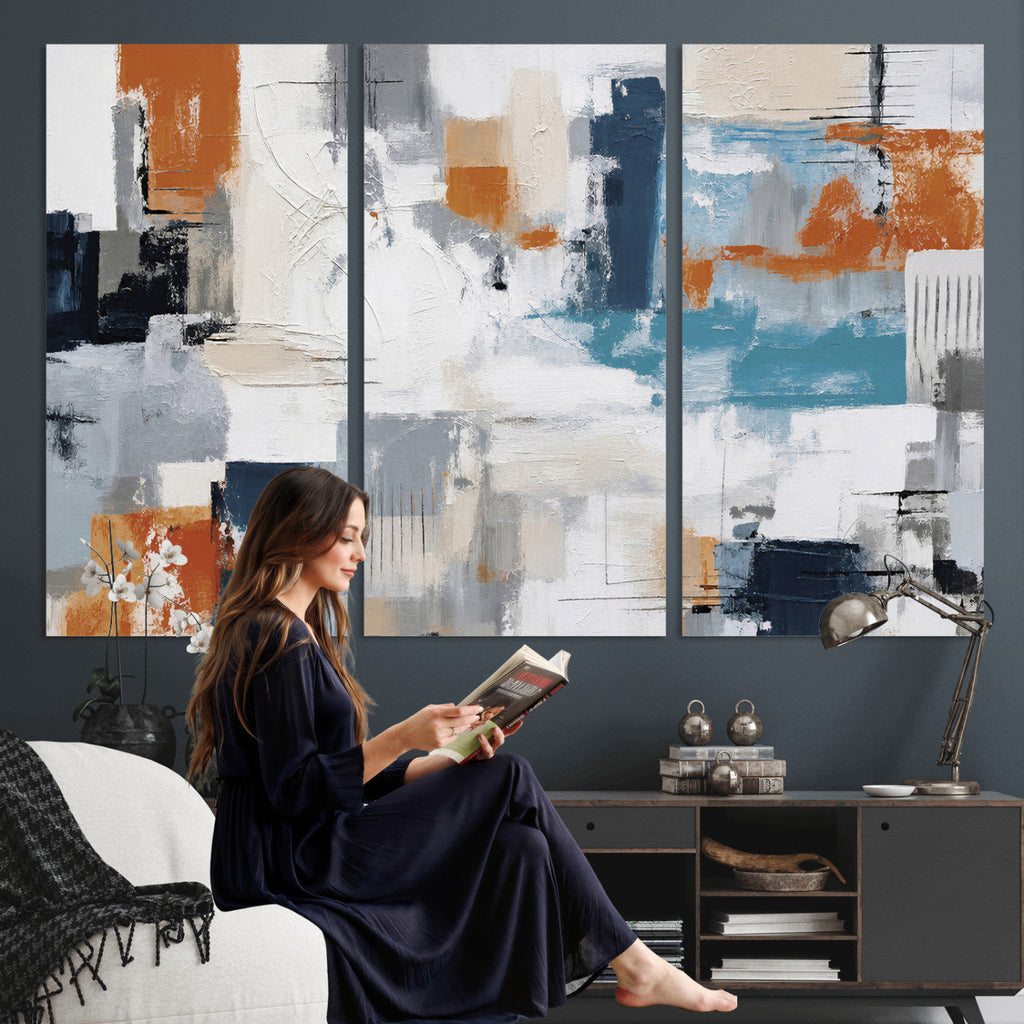 Blue Teal Abstract Canvas Wall Art, Modern Brushstroke Style Print, Navy Orange Contemporary Decor