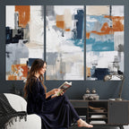Blue Teal Abstract Canvas Wall Art, Modern Brushstroke Style Print, Navy Orange Contemporary Decor