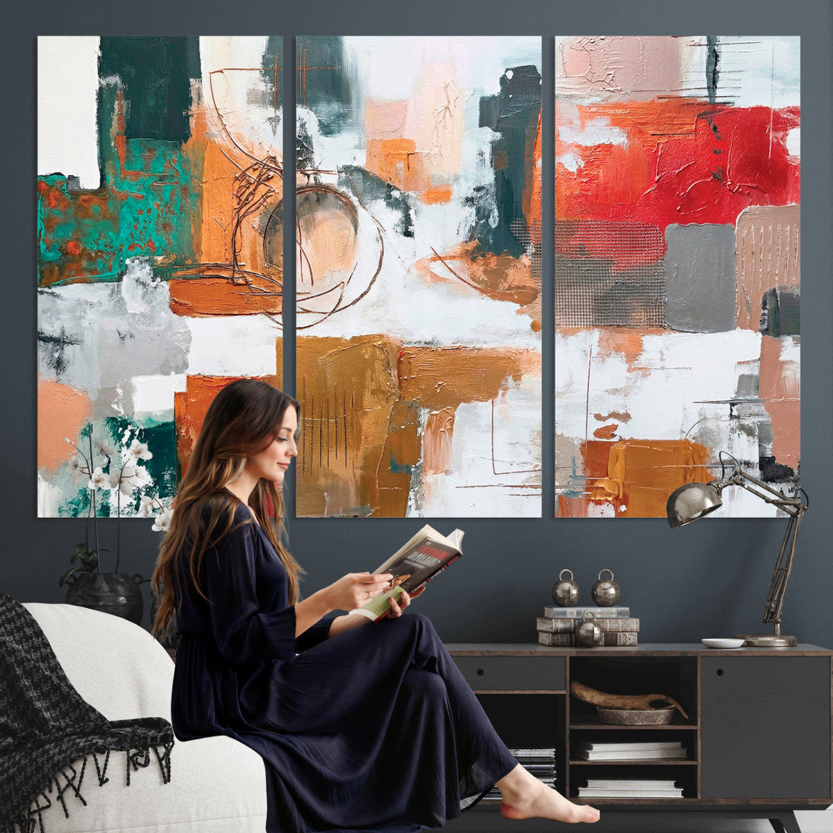 Blue Teal Abstract Canvas Wall Art, Modern Brushstroke Style Print, Navy Orange Contemporary Decor