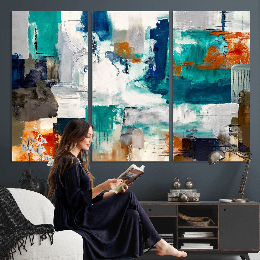 Blue Teal Abstract Canvas Wall Art, Modern Brushstroke Style Print, Navy Orange Contemporary Decor