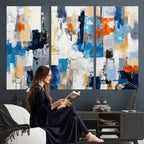 Blue Teal Abstract Canvas Wall Art, Modern Brushstroke Style Painting Print, Navy Orange Contemporary Decor