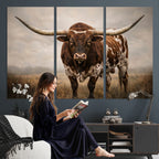Texas Longhorn Wall Art Canvas Print | Brown Horned Bull Rustic Western Decor