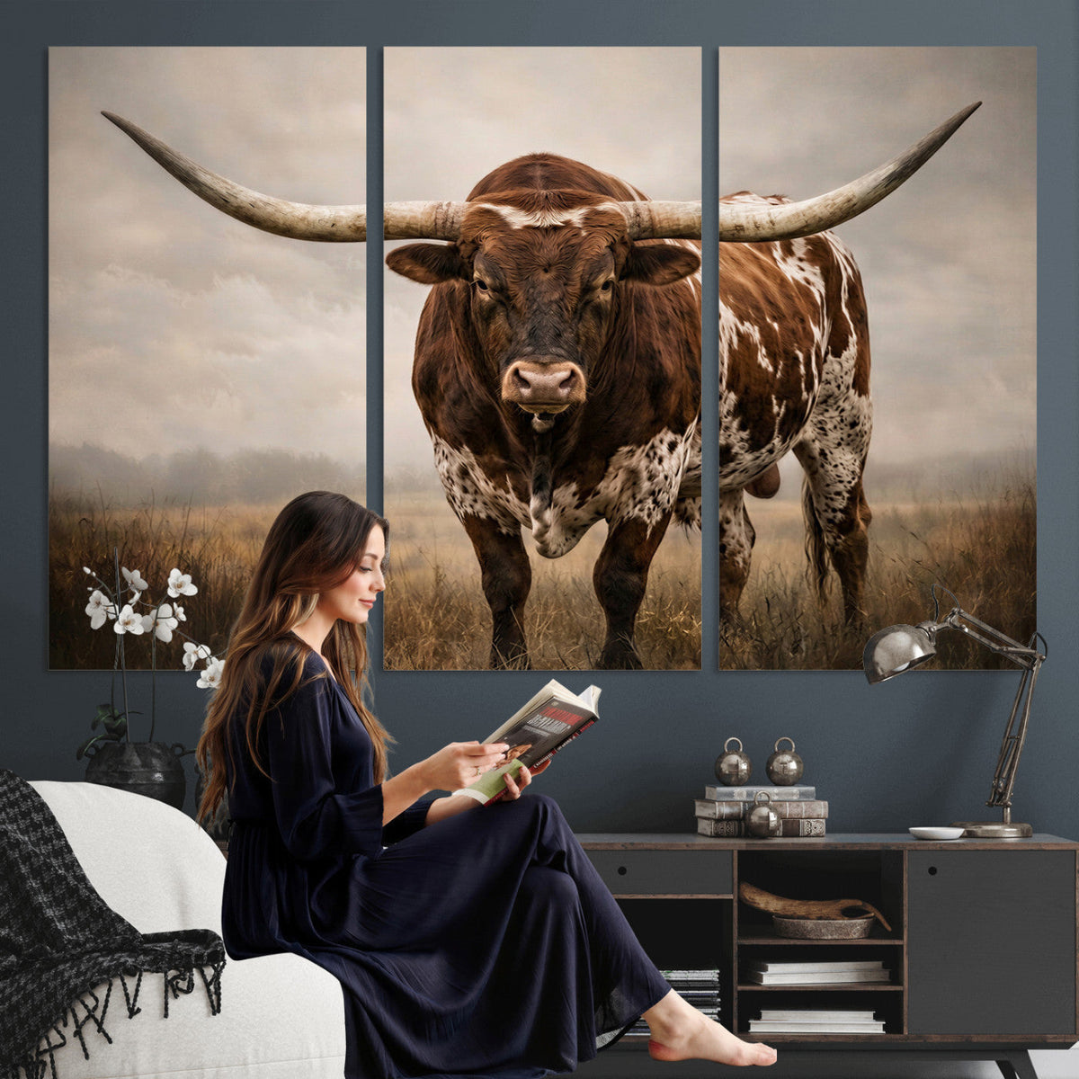 Texas Longhorn Wall Art Canvas Print | Brown Horned Bull Rustic Western Decor