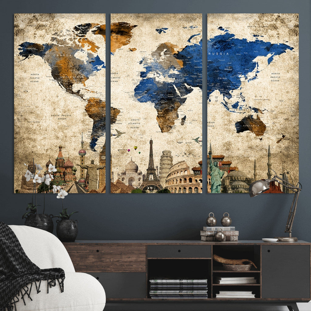 World Map Canvas Print | Vintage Blue and Gold World Map Wall Art