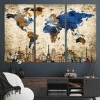 World Map Canvas Print | Vintage Blue and Gold World Map Wall Art