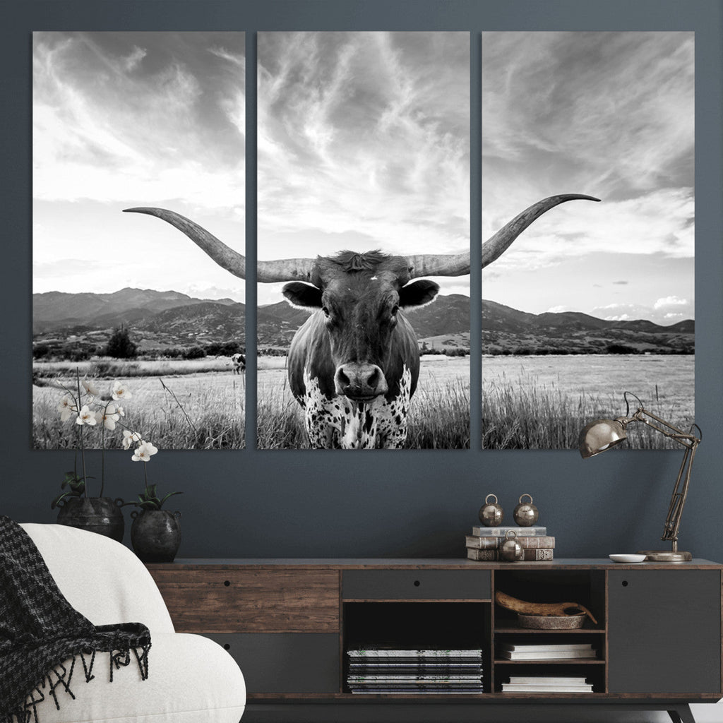 Longhorn Black and White Wall Art | Rustic Western Bull Canvas Print