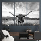 Longhorn Black and White Wall Art | Rustic Western Bull Canvas Print