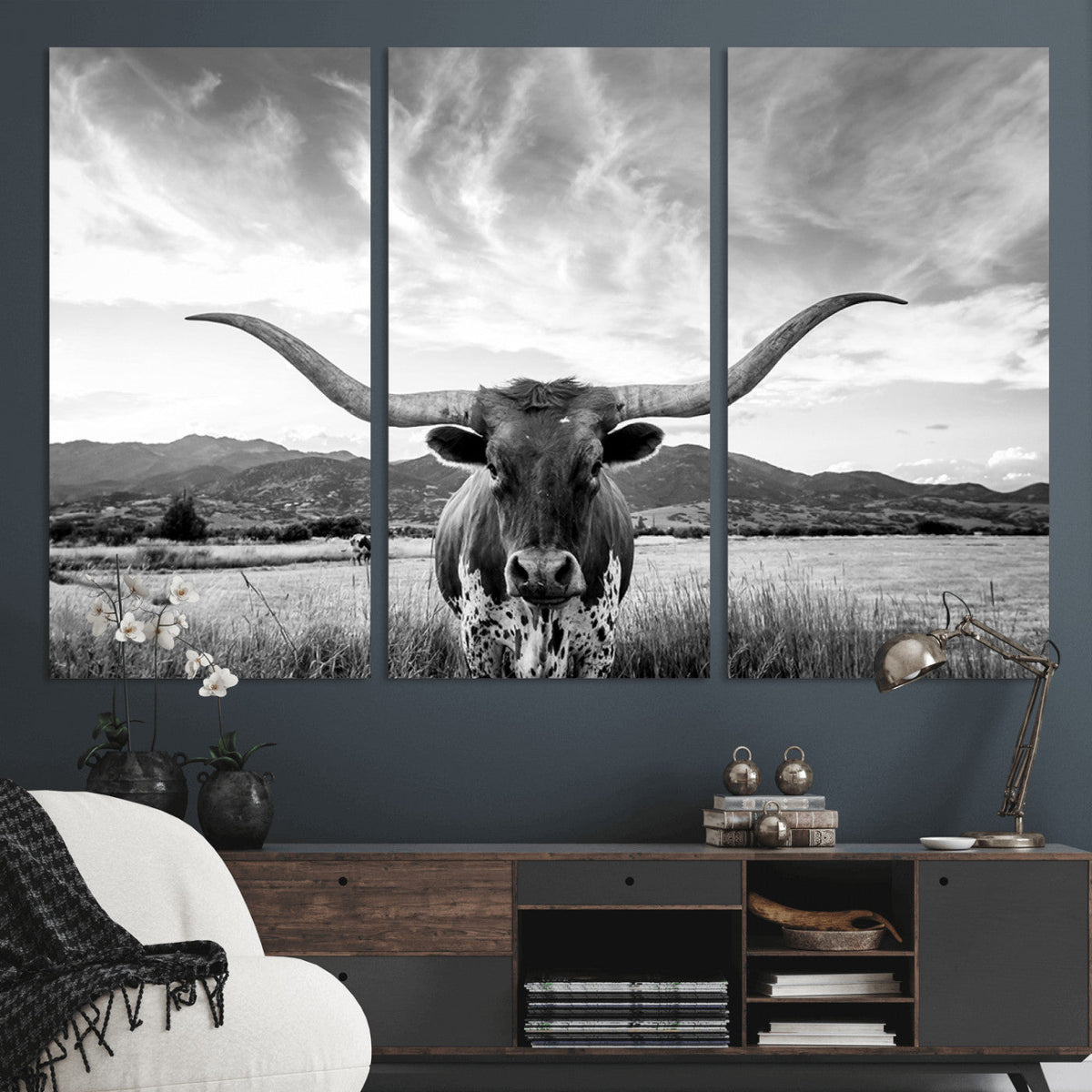 Longhorn Black and White Wall Art | Rustic Western Bull Canvas Print