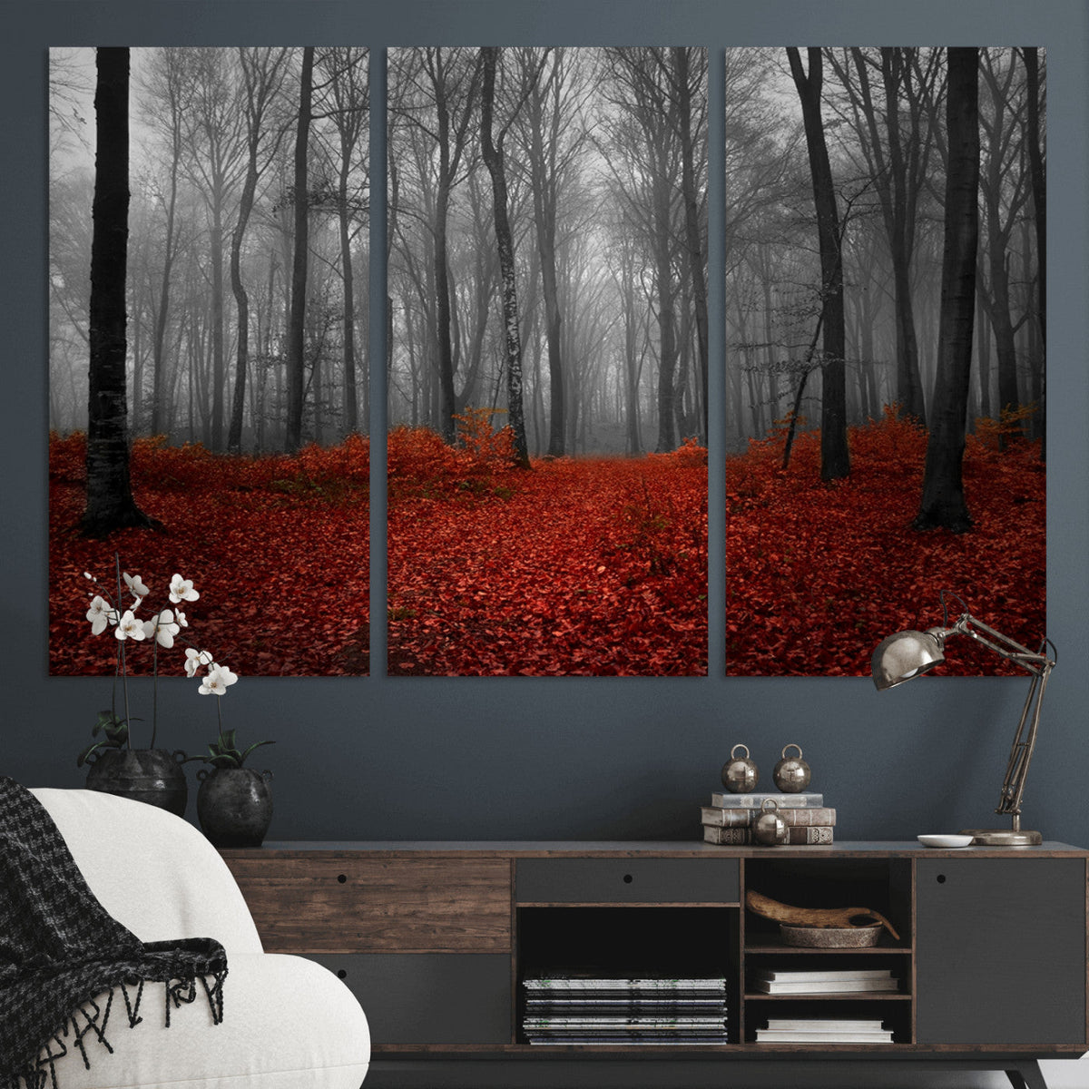 Red Forest Floor Canvas Wall Art | Mystical Foggy Woodland Triptych