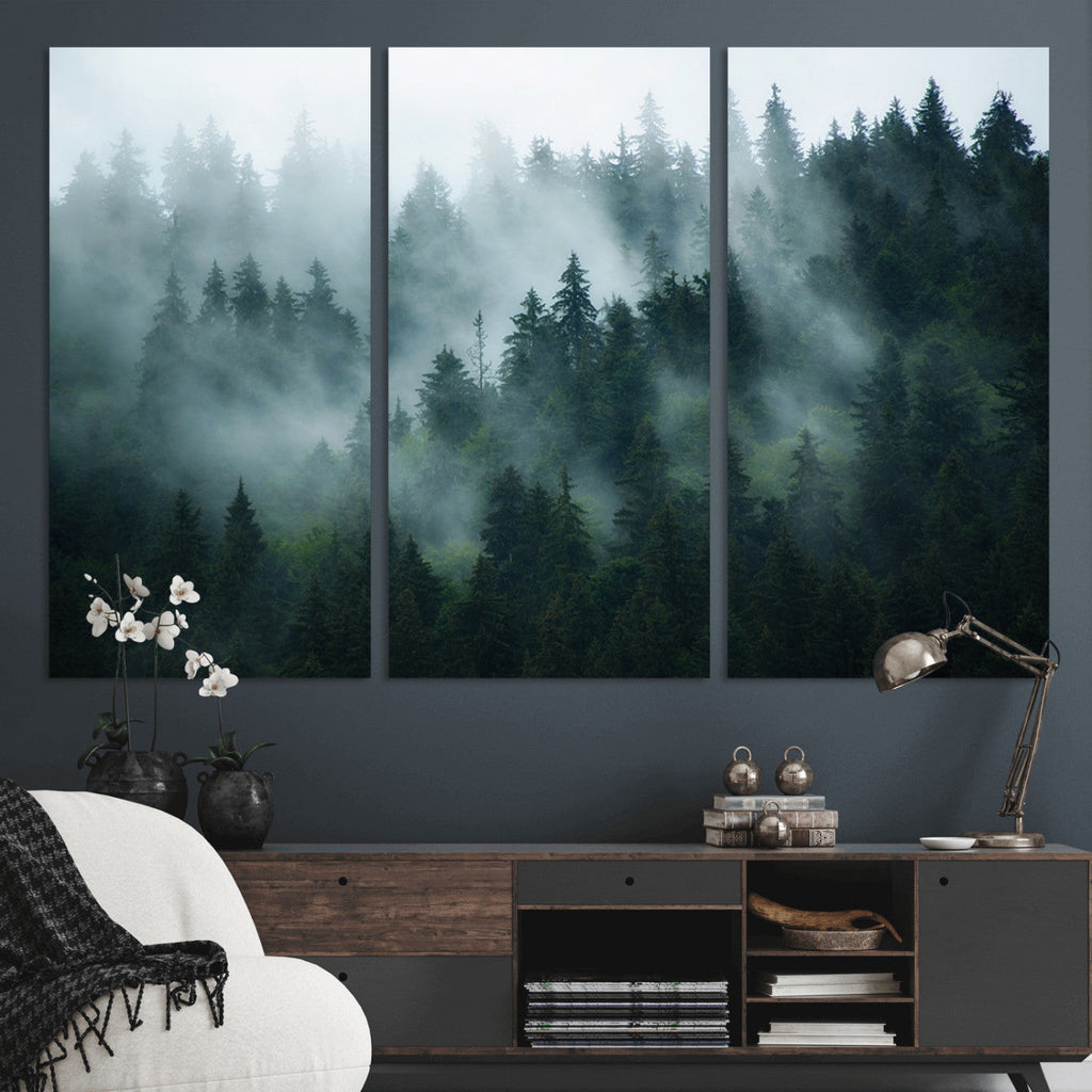 Misty Forest Wall Art | Serene Green Landscape Canvas Print
