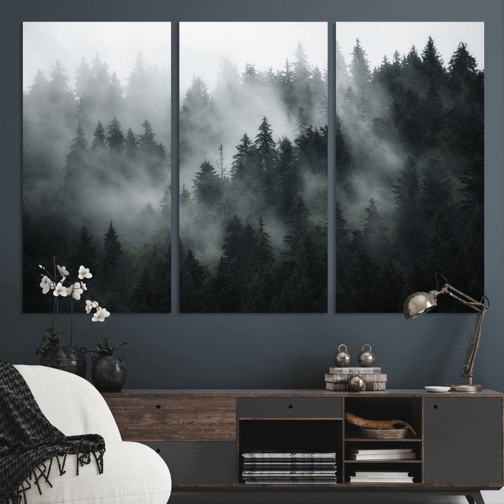Foggy Forest Wall Art Canvas Print | 3 Panel Large Misty Landscape