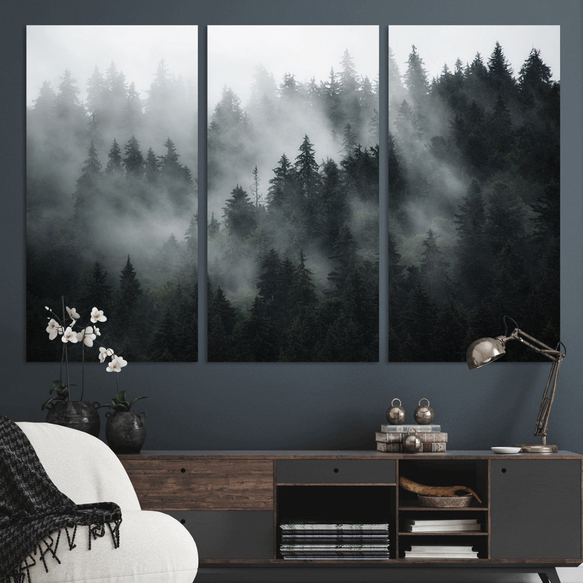 Foggy Forest Wall Art Canvas Print | 3 Panel Large Misty Landscape