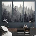 Misty Forest Canvas Wall Art | Monochrome Triptych Pine Tree Print