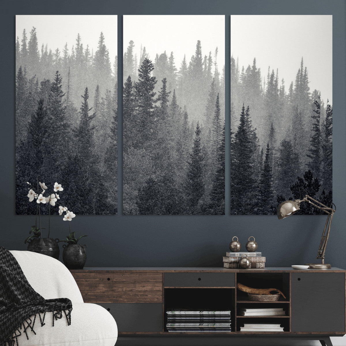 Misty Forest Canvas Wall Art | Monochrome Triptych Pine Tree Print