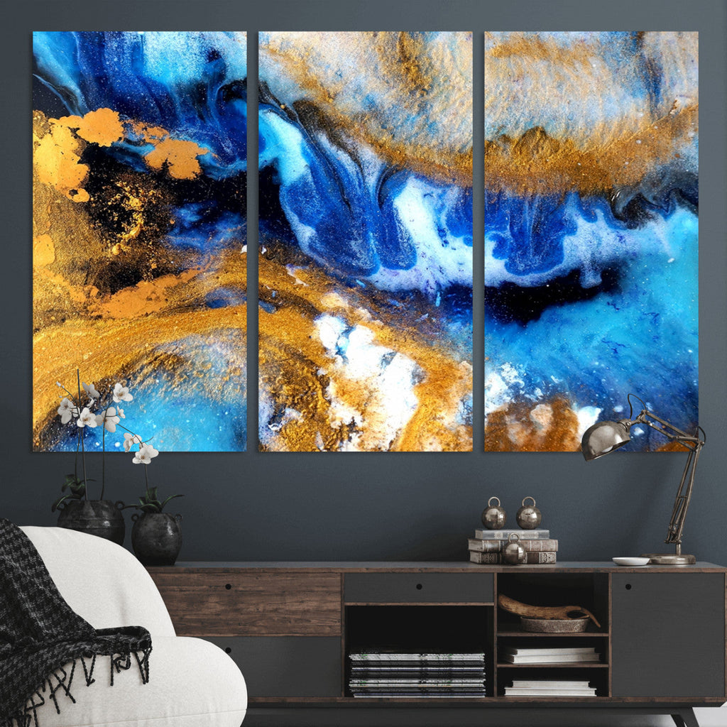 Blue Orange Marble Fluid Effect Canvas Wall Art Print