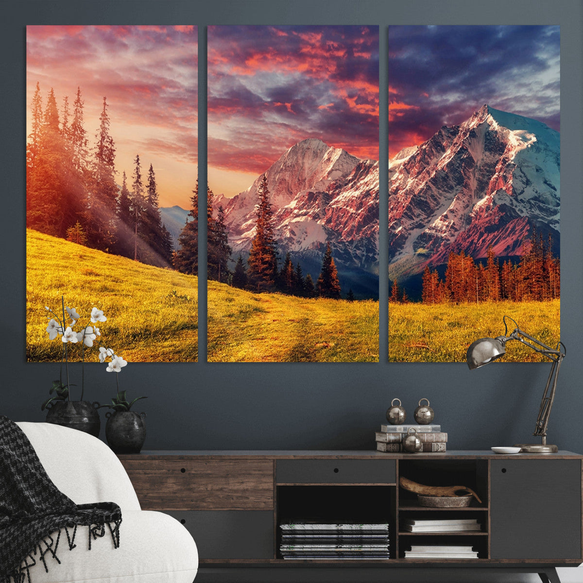 Mountain and Daylight Red Sunset Wall Art Canvas Print