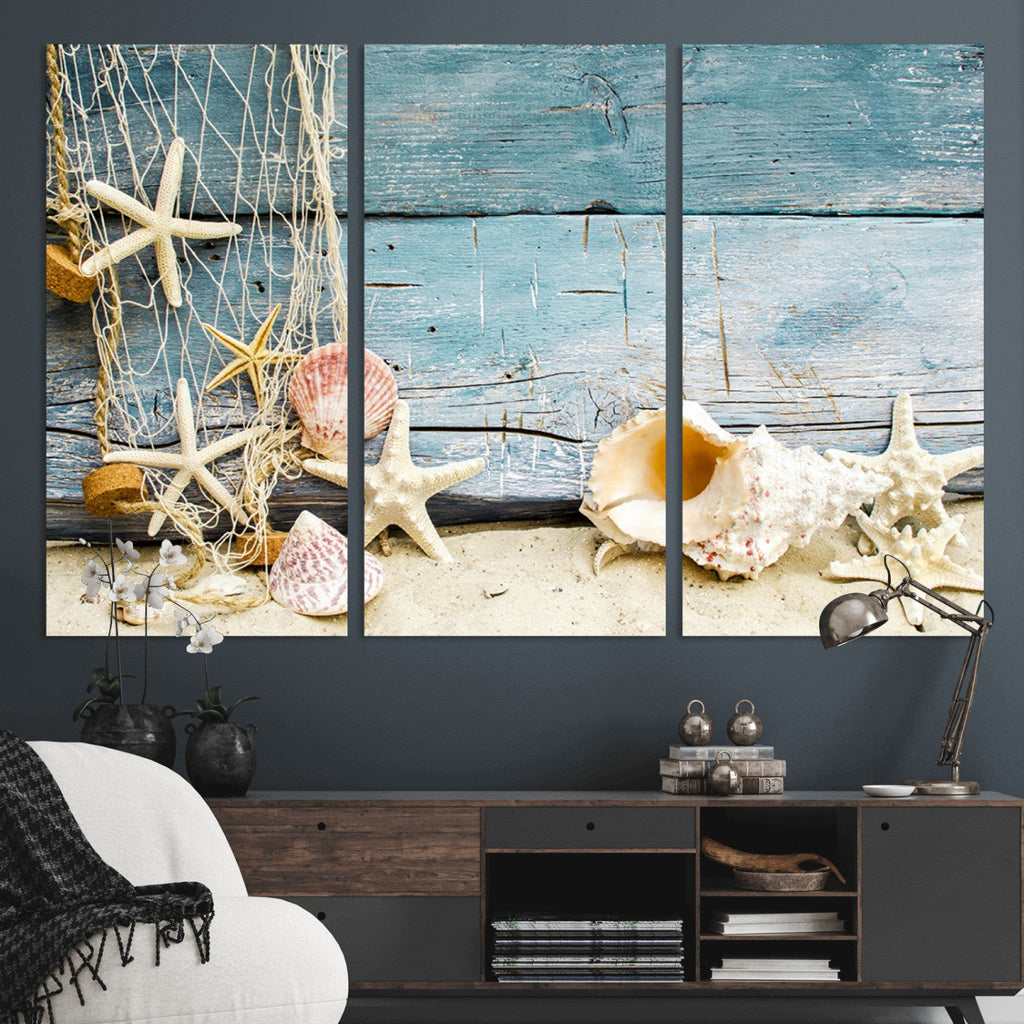 Seashells on Rustic Wooden Background, Seashells Wall Art