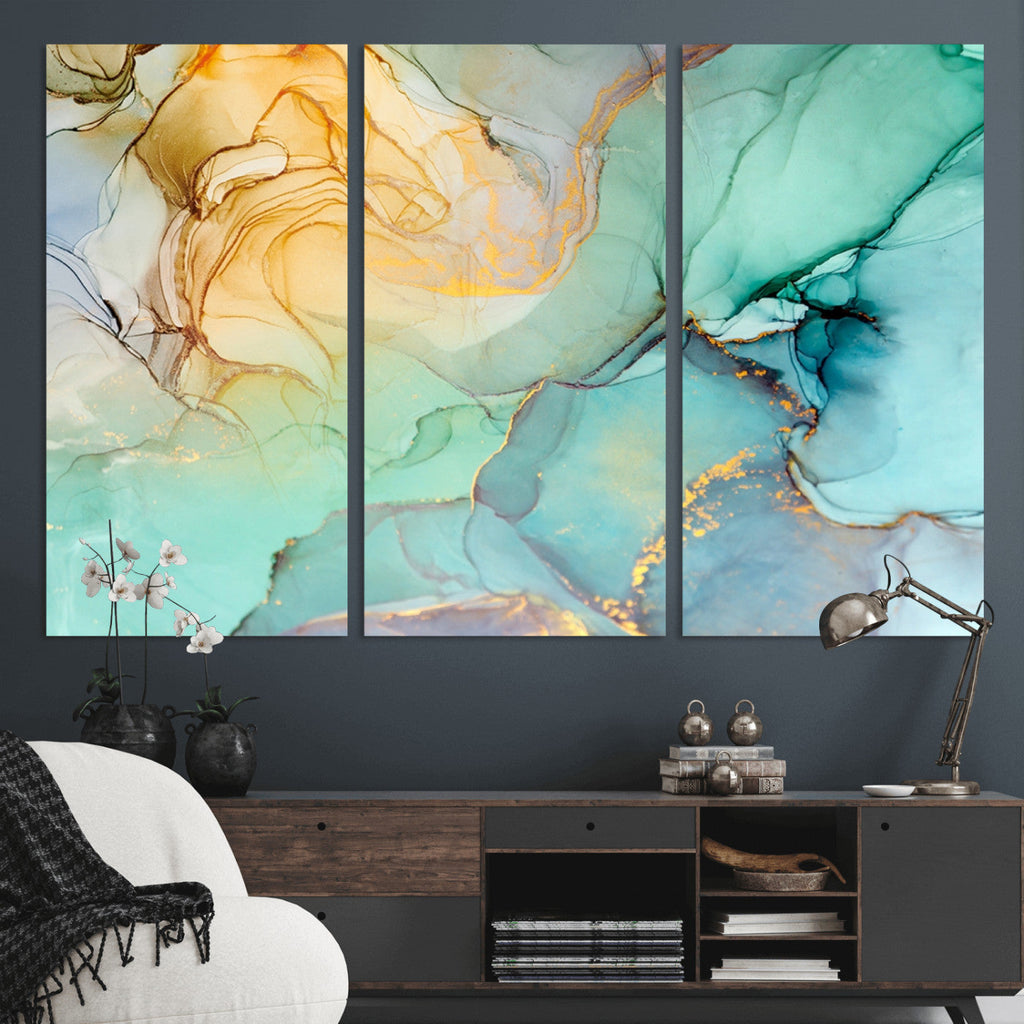 Abstract Aqua and Gold Fluid Wall Art Canvas | 3 Panel Large Canvas Print