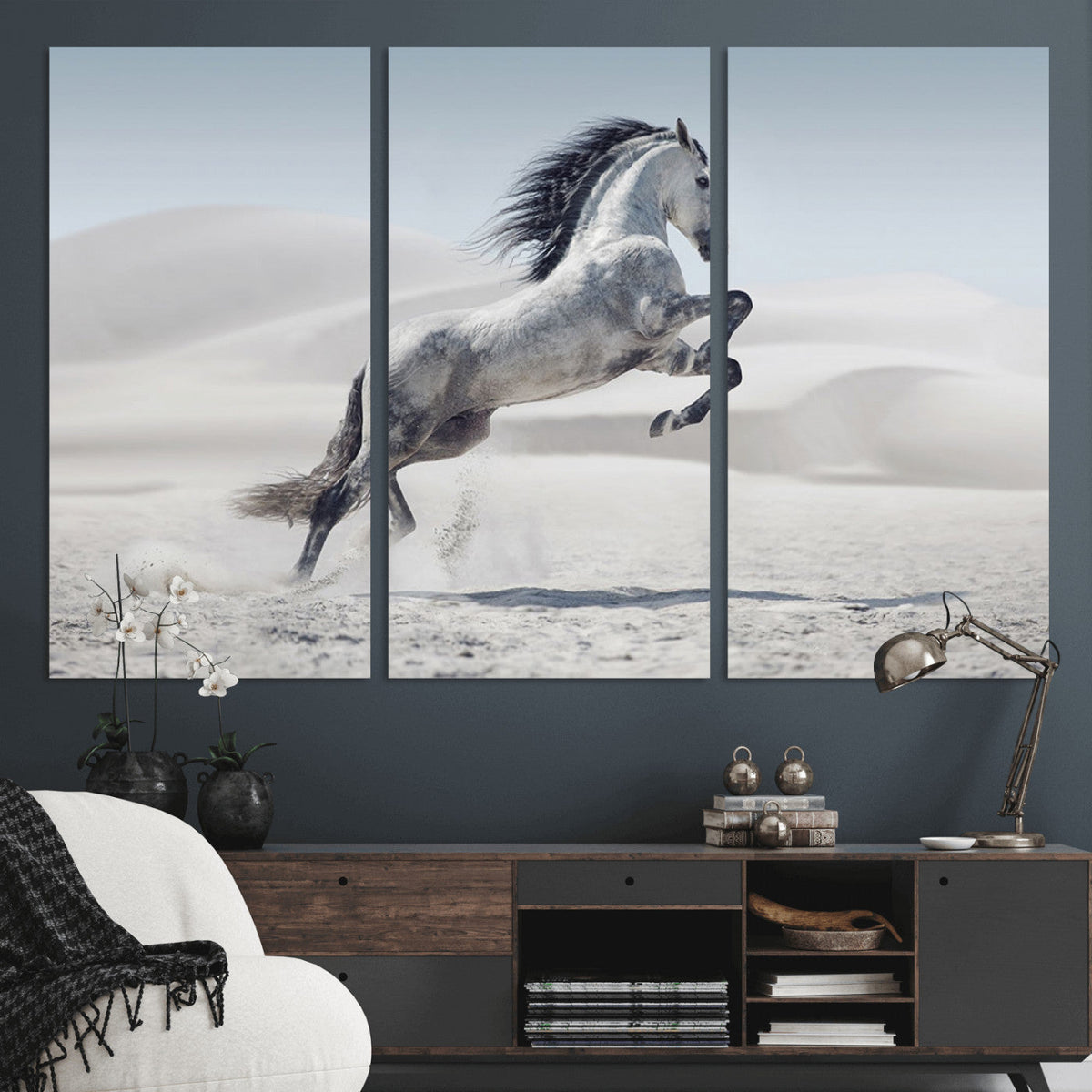 Prancing Horse Desert Large Wall Art Canvas Print, Majestic Horse Animal Artwork