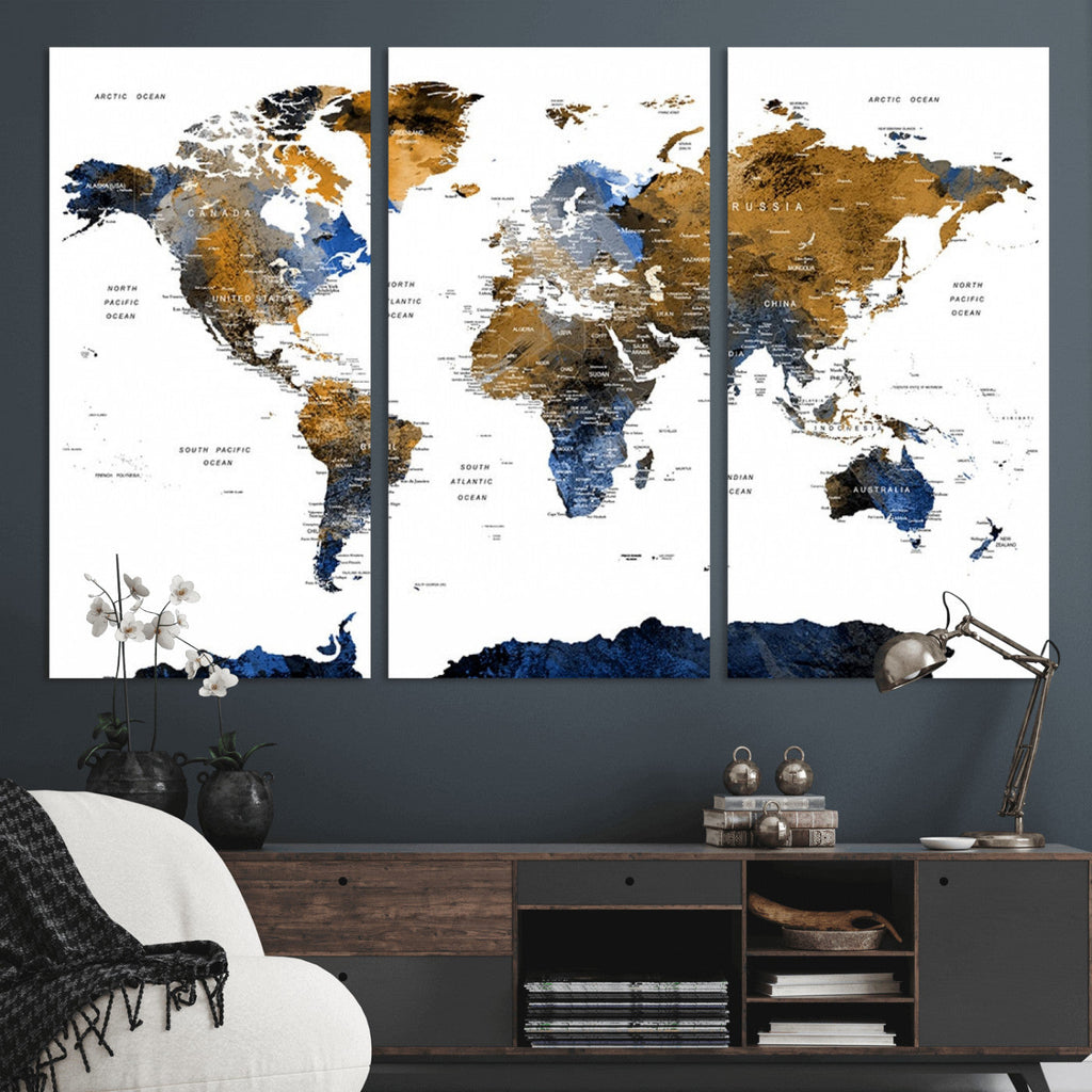 Modern Abstract World Map Canvas Wall Art | Framed Blue and Gold Map Print