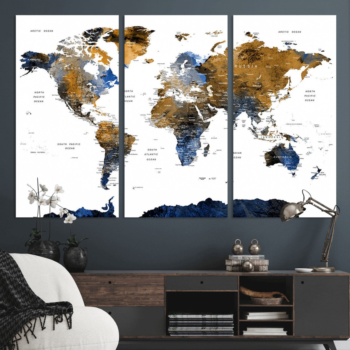 Modern Abstract World Map Canvas Wall Art | Framed Blue and Gold Map Print