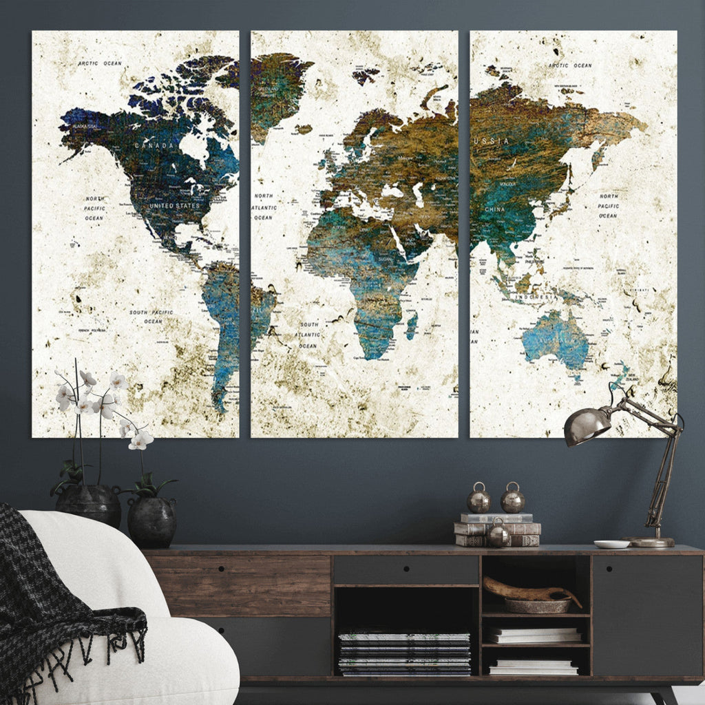 Vintage World Map Wall Art Canvas Print, Framed Rustic Earth Tone Map