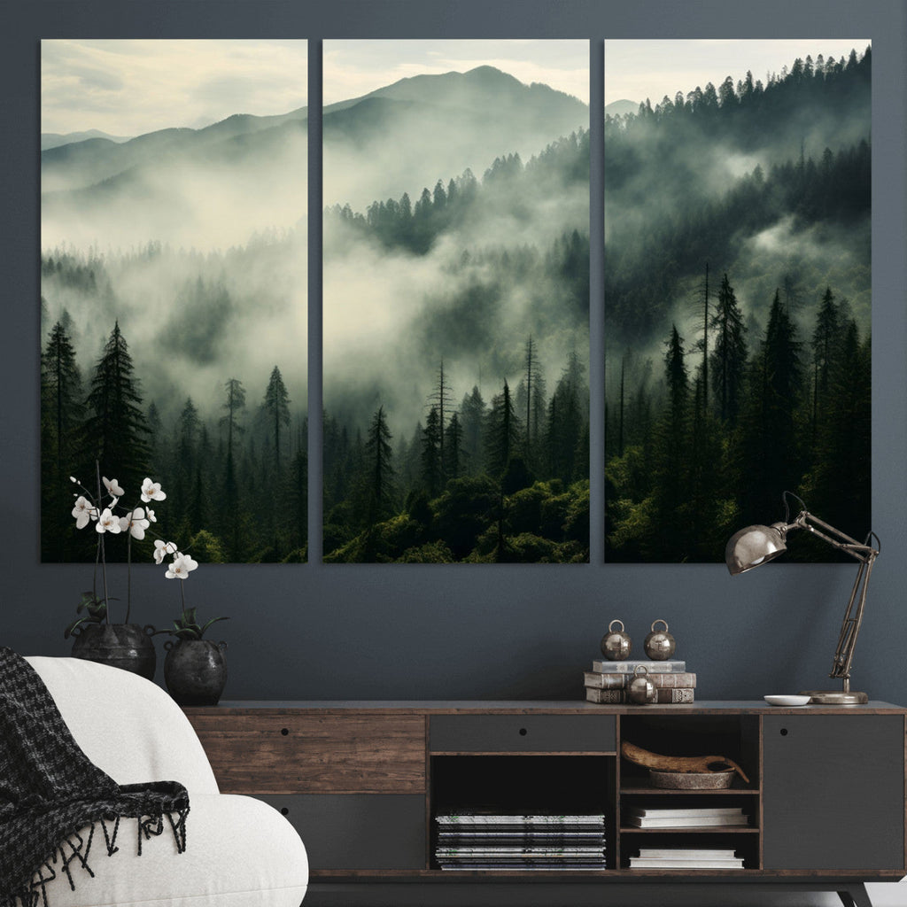 Captivating Misty Forest Wall Art Premium Canvas Print, A Foggy and Serene Atmosphere