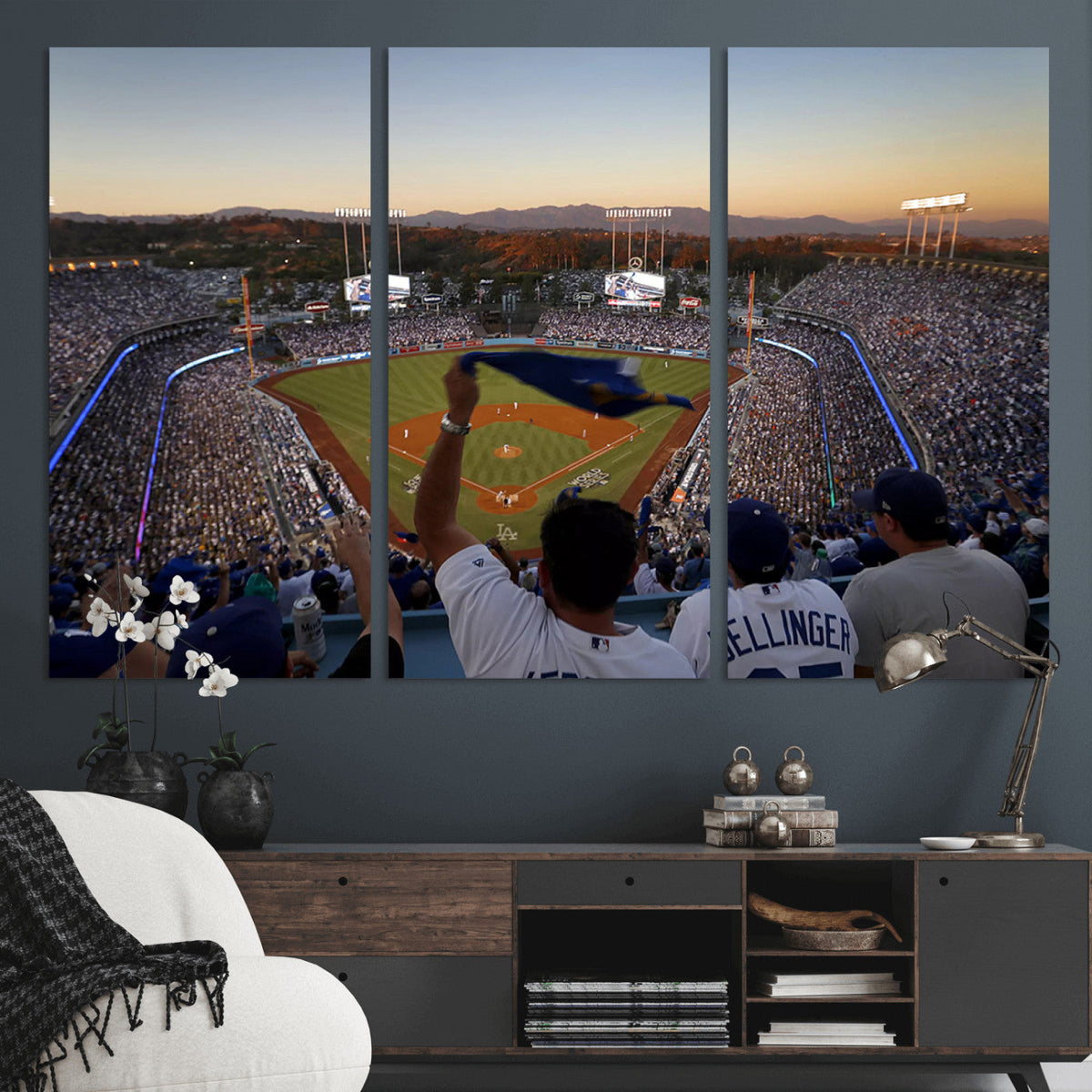 Dodger Stadium Sunset Game Triple Canvas Wall Art, Los Angeles Dodgers MLB Match
