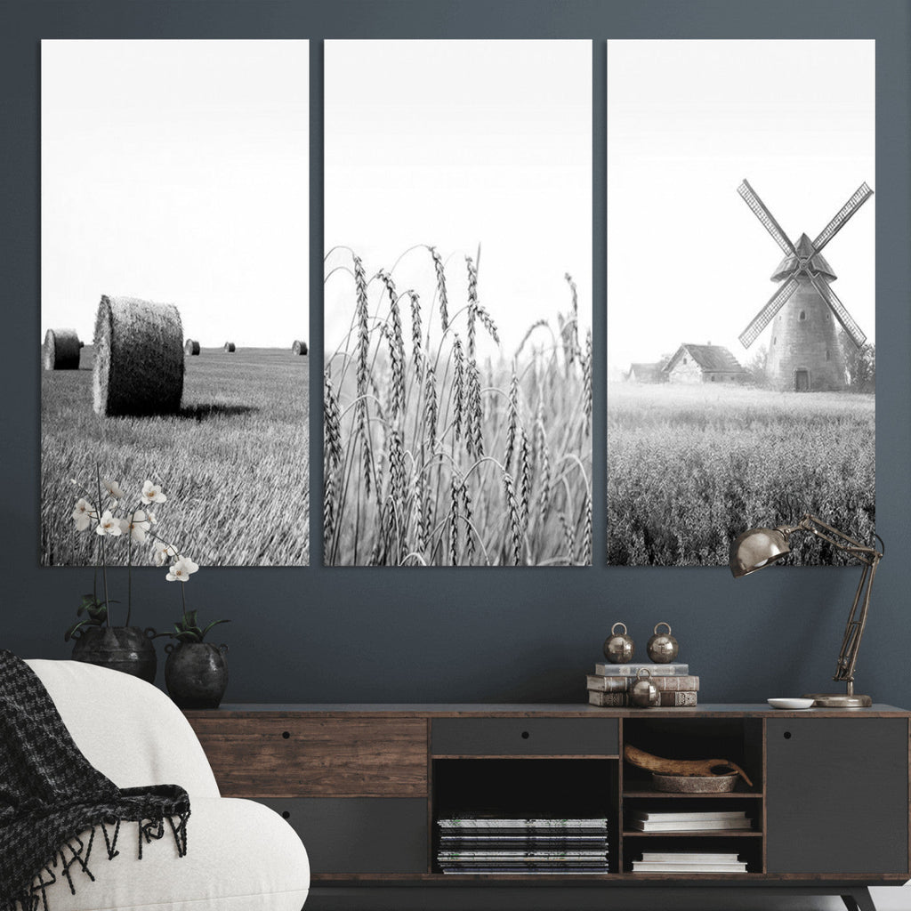Vintage Farmhouse Black and White Triptych Wall Art, Giclee Canvas with Wheat Fields, Hay Bales and Windmill