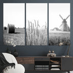 Vintage Farmhouse Black and White Triptych Wall Art, Giclee Canvas with Wheat Fields, Hay Bales and Windmill