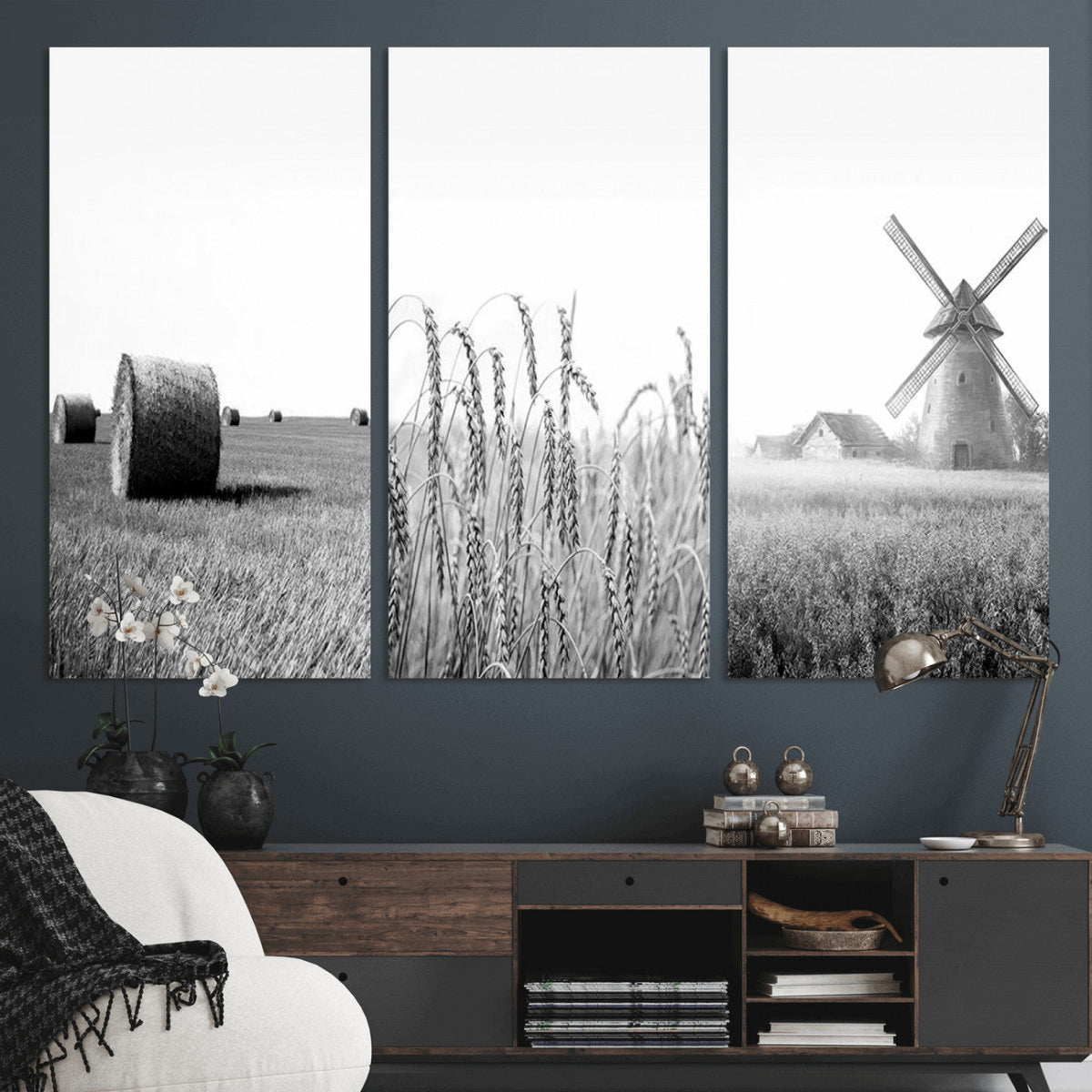Vintage Farmhouse Black and White Triptych Wall Art, Giclee Canvas with Wheat Fields, Hay Bales and Windmill
