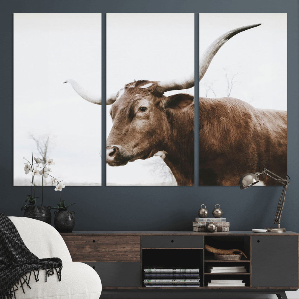 Rustic Bull Wall Art Canvas Print, Modern Longhorn Farmhouse Animal Decor