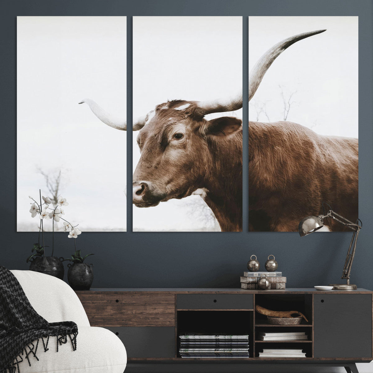 Rustic Bull Wall Art Canvas Print, Modern Longhorn Farmhouse Animal Decor