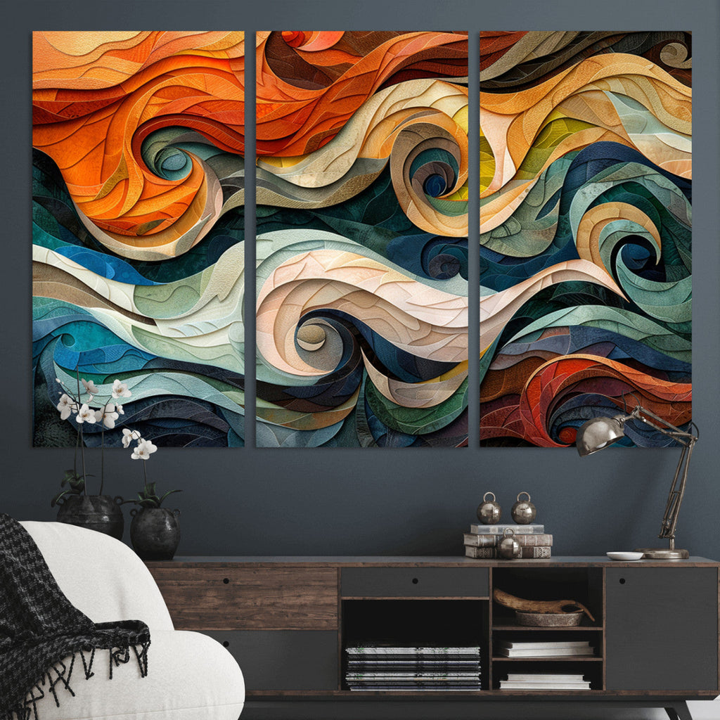Abstract Wave Wall Art, Ready to Hang Framed Canvas Print | Extra Large 3 Piece Canvas Wall Art
