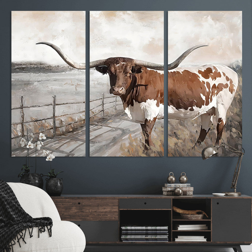 Vintage Texas Cow Wall Art Canvas Print, Rustic Longhorn