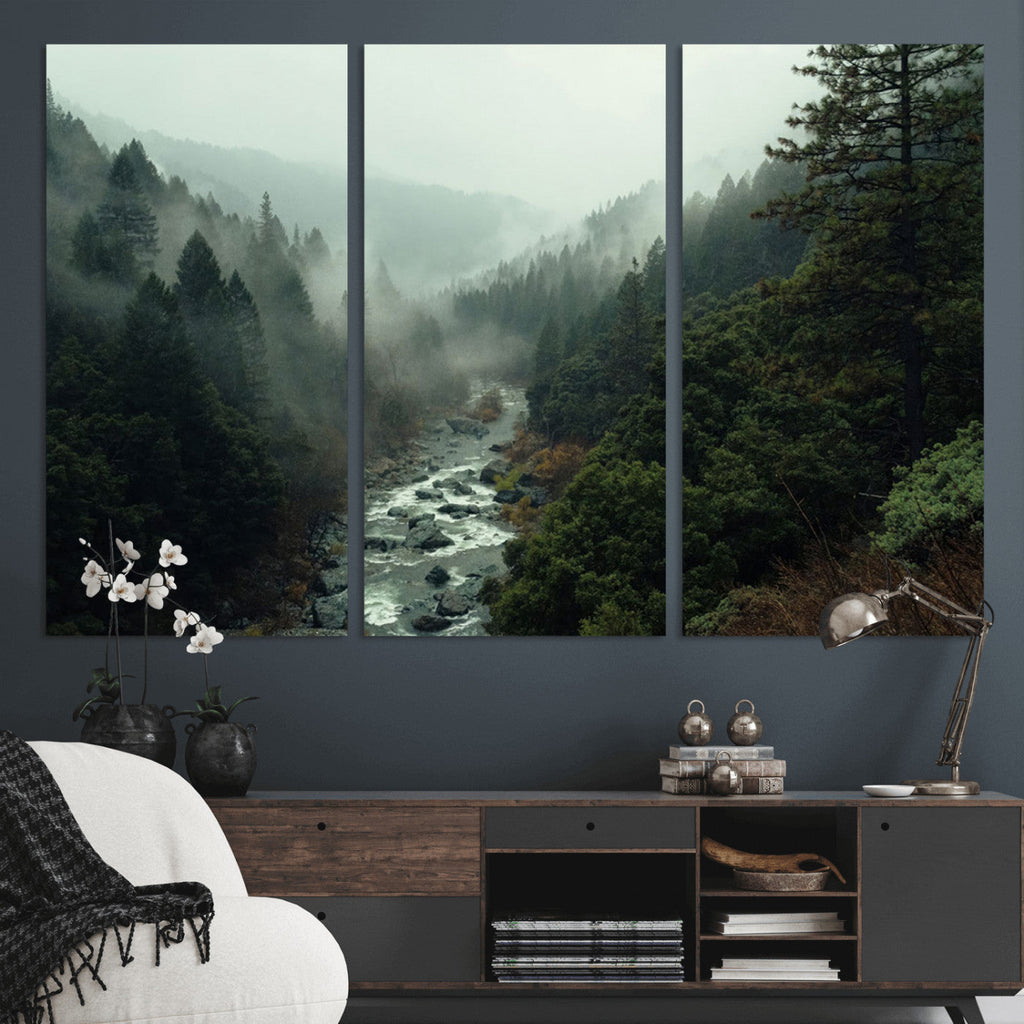 Misty Forest Wall Art, Tranquil Nature Landscape, Ready to Hang | Extra Large 3 Piece Canvas Wall Art