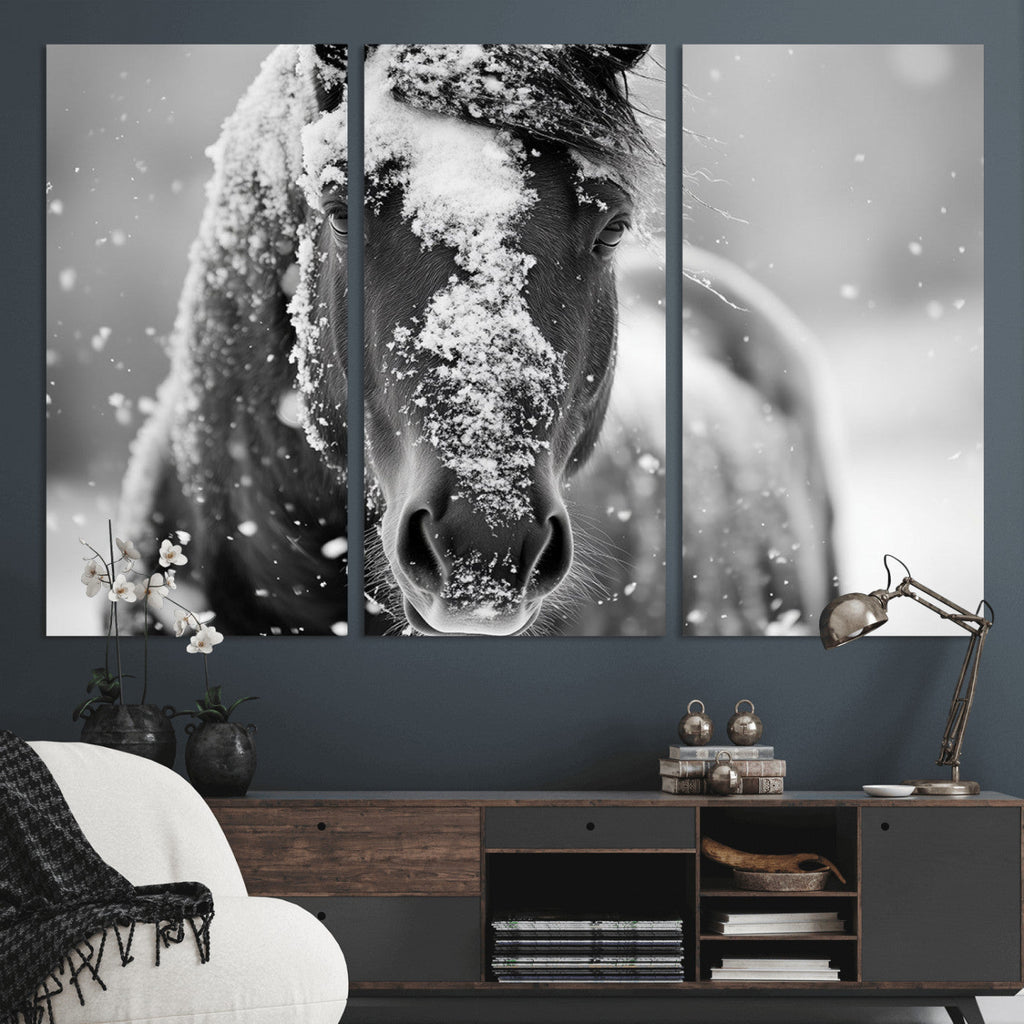 Black and White Horse Winter Wall Art, Ready to Hang