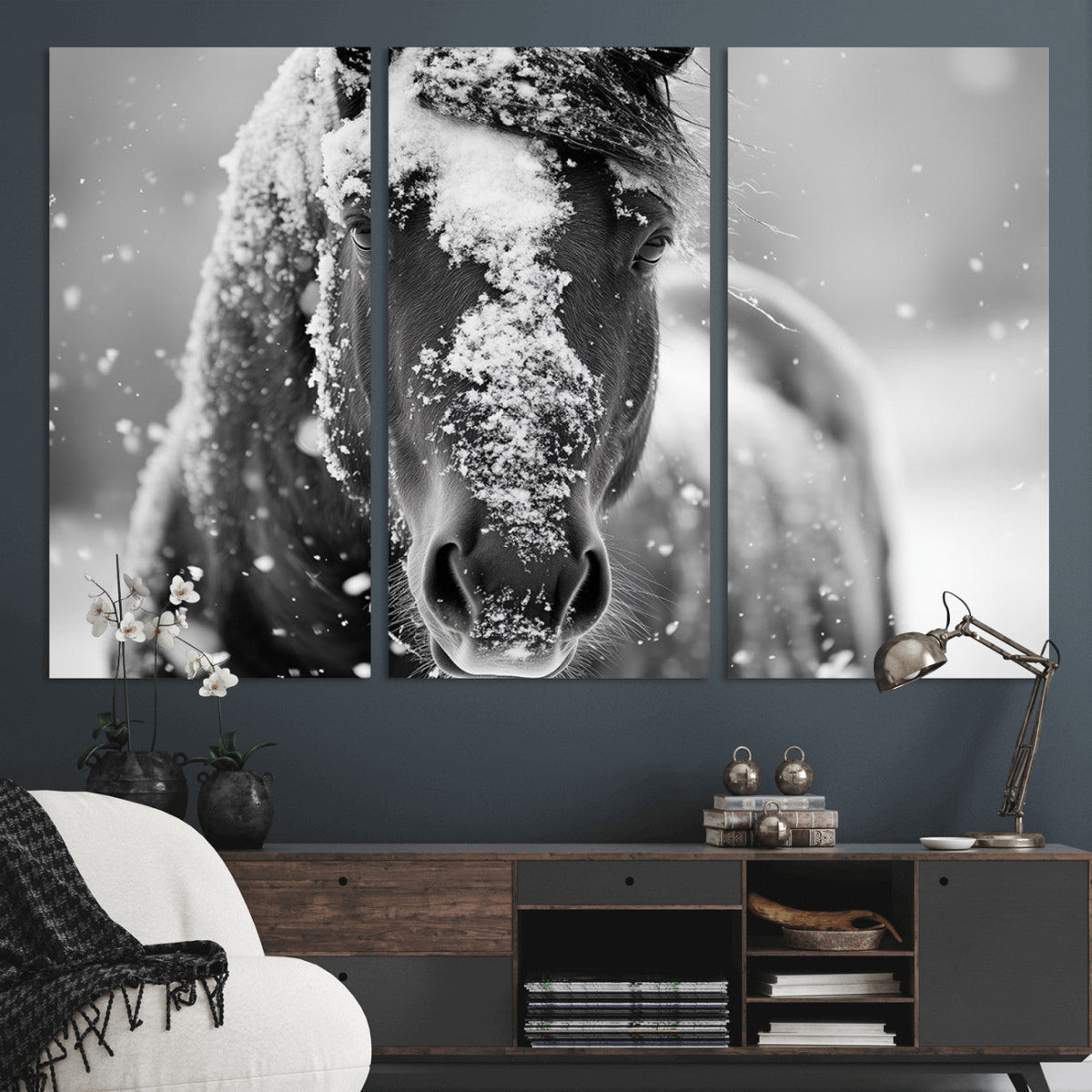 Black and White Horse Winter Wall Art, Ready to Hang
