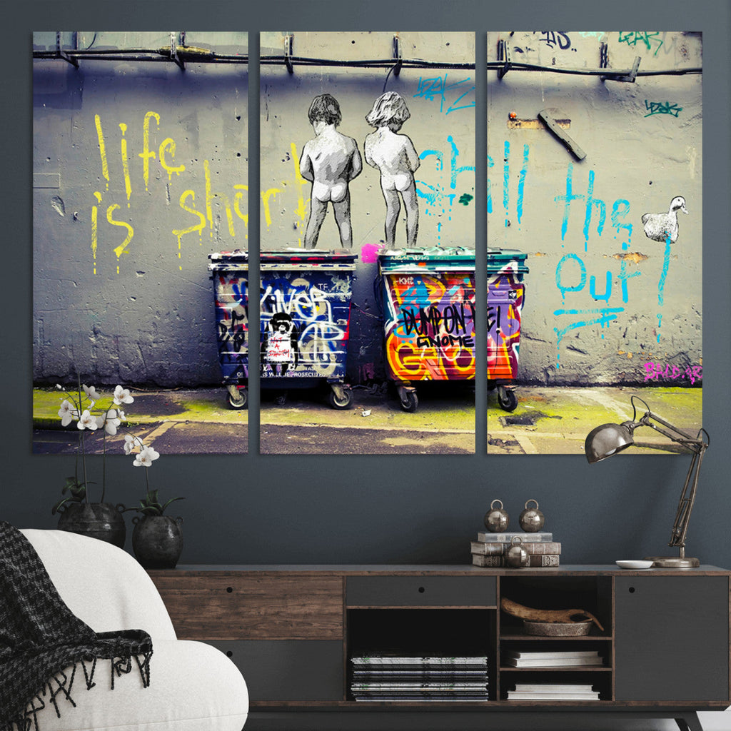 Banksy Life is Short Wall Art, Iconic Graffiti Street Art Canvas Print