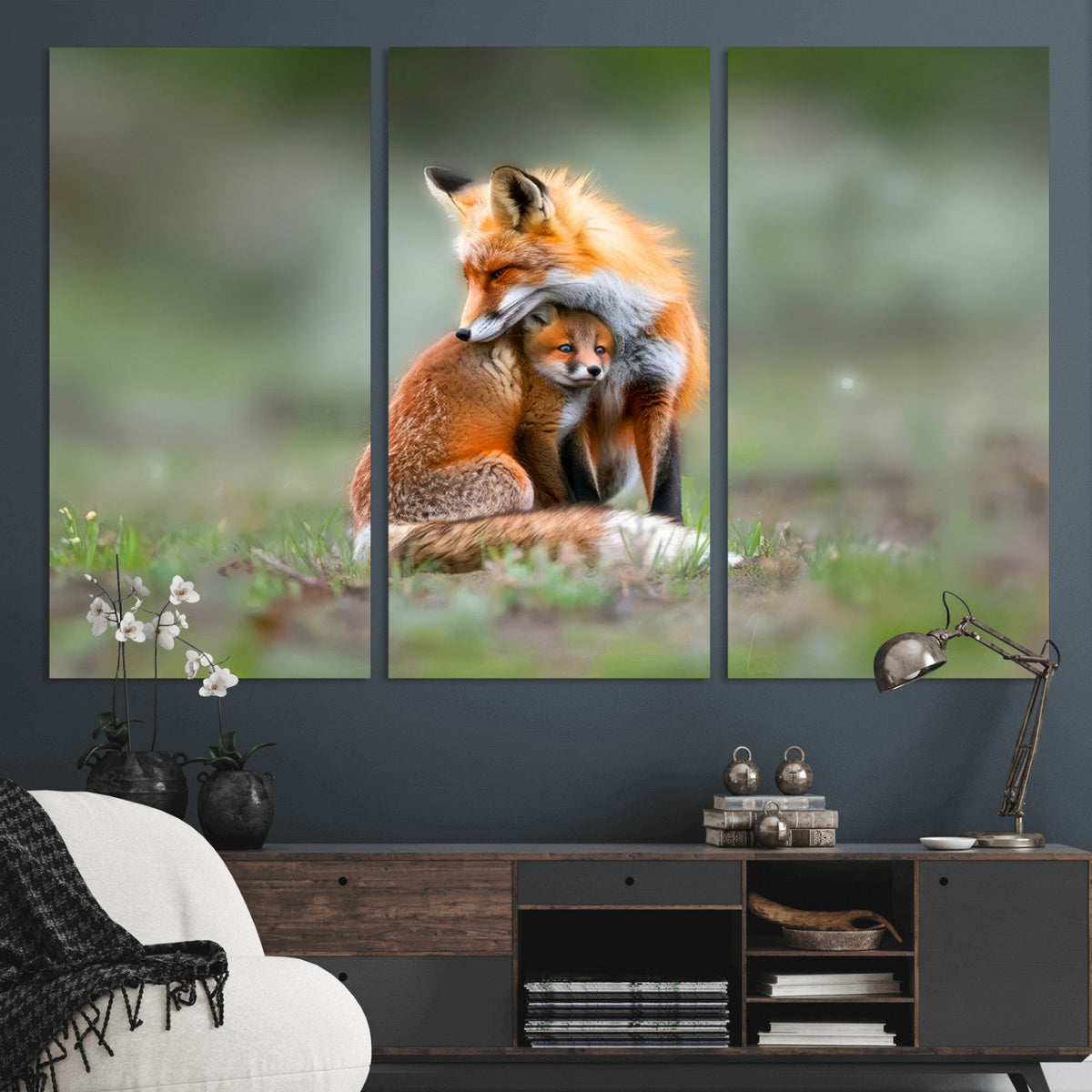 Heartwarming Fox and Baby Cub Wall Art | Canvas Print of Foxes in Nature