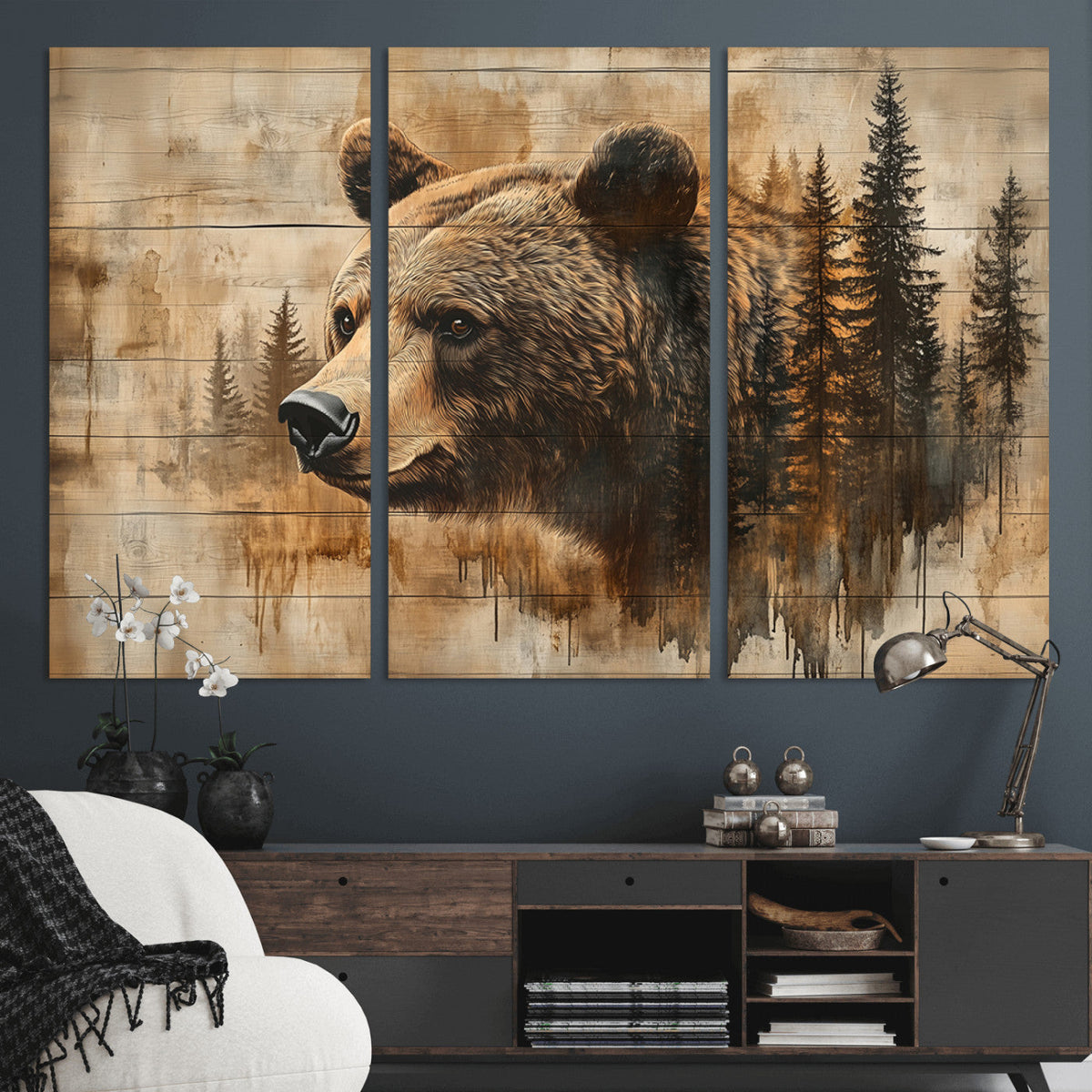Rustic Grizzly Bear Wall Art, Abstract Grizzly 399 Bear Canvas Print, Woodland Wildlife