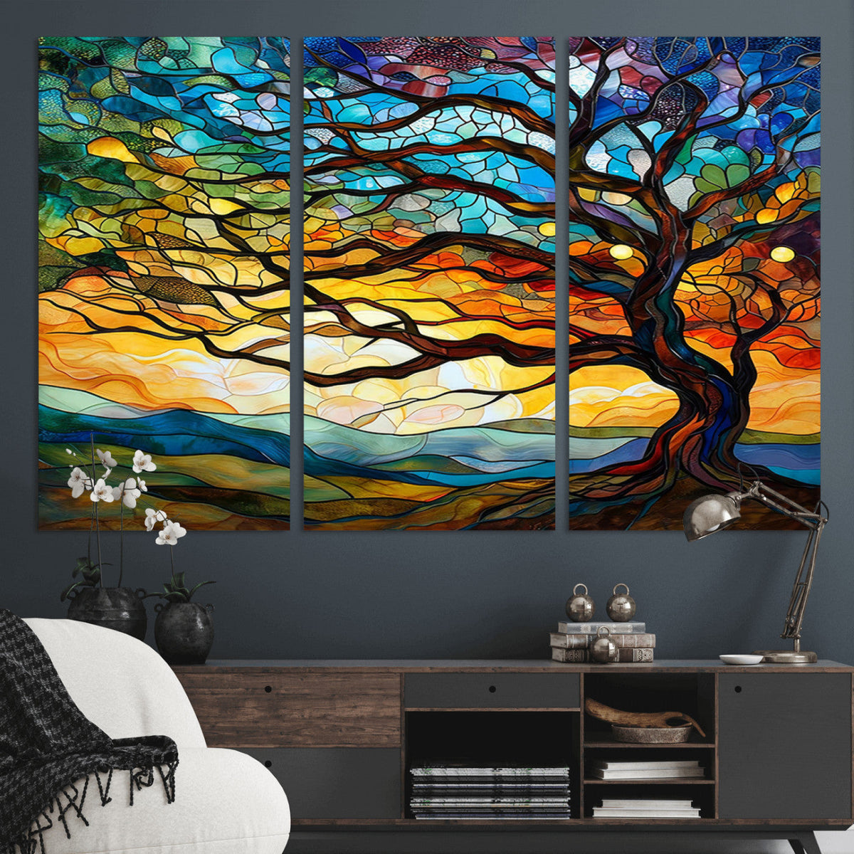 Vibrant Mosaic Tree of Life Wall Art, Stained Glass Style Canvas Print