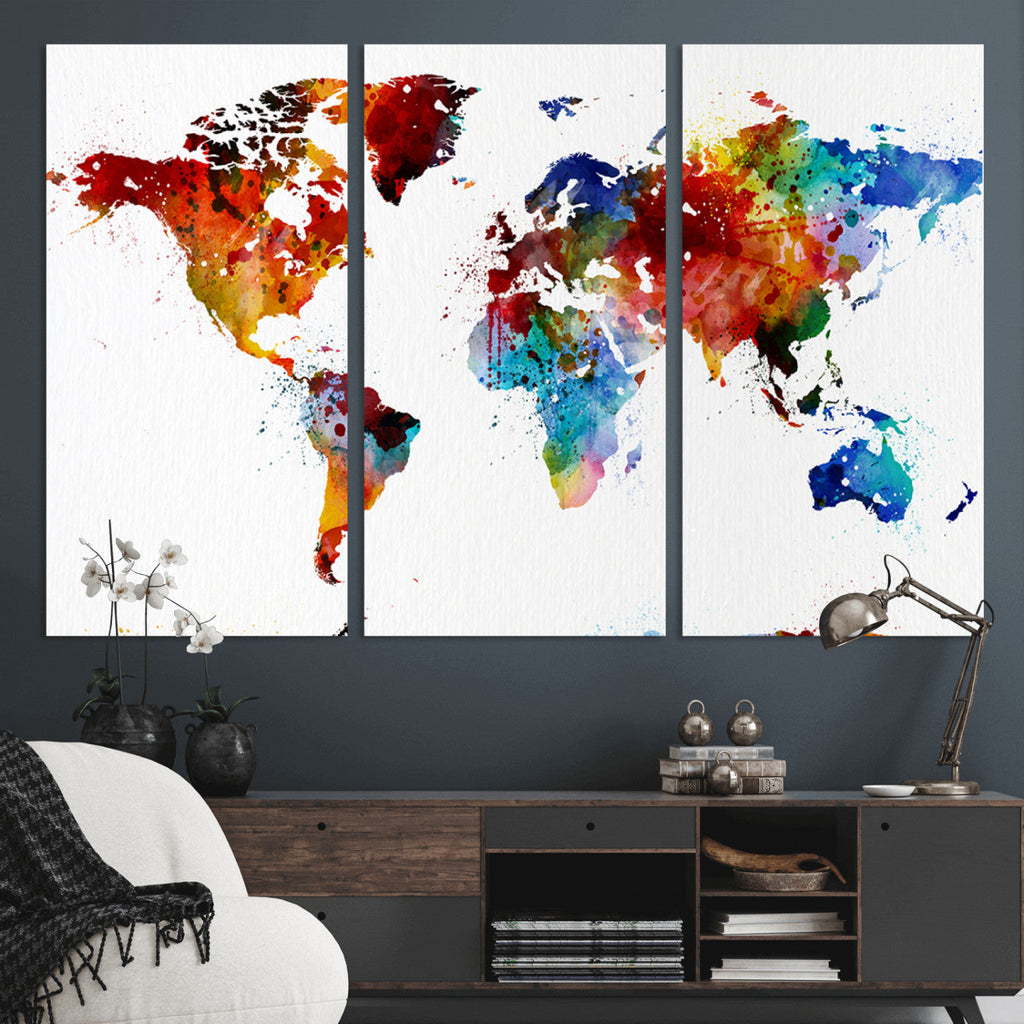 Colorful World Map Canvas Wall Art Print, Contemporary Global Map Artwork