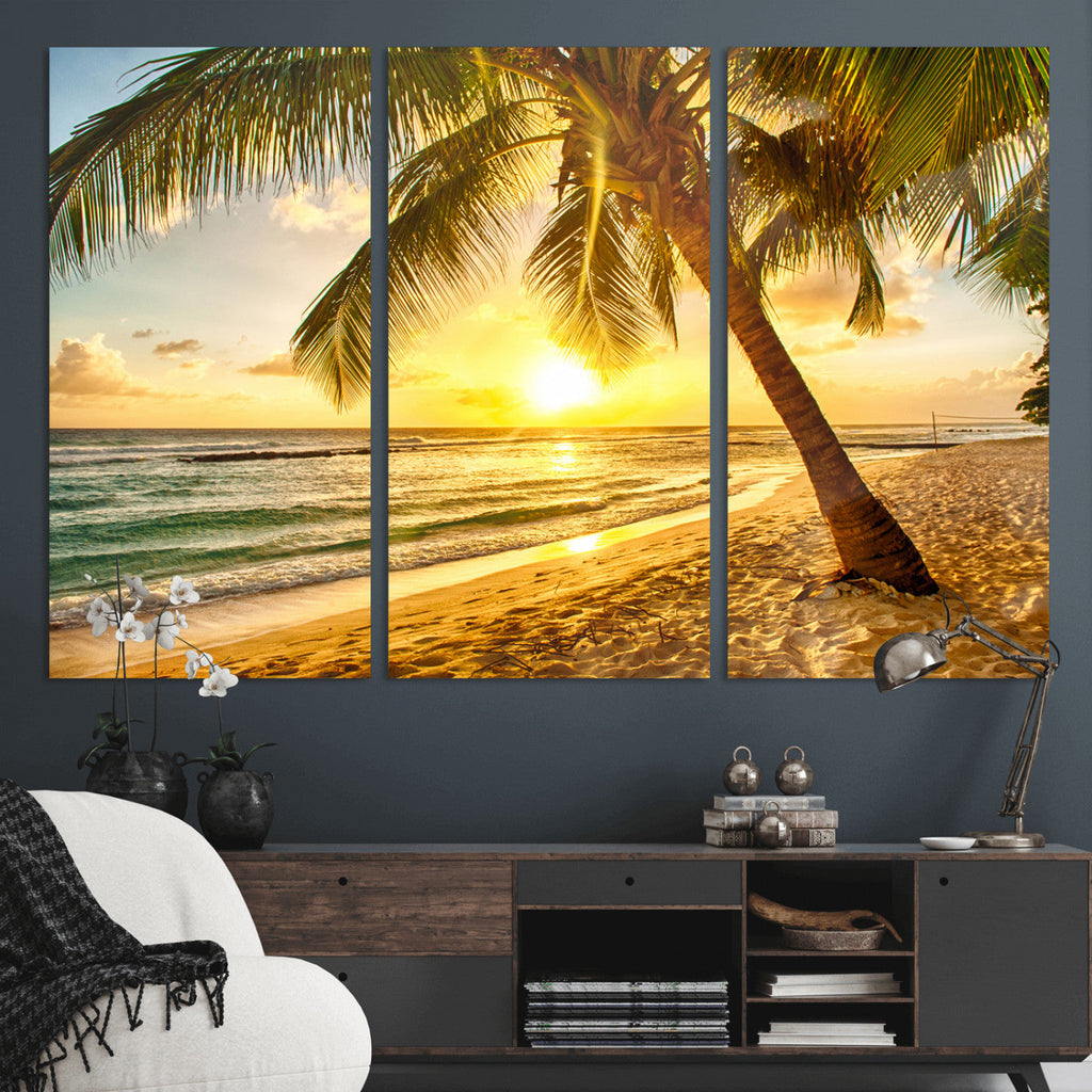Beach Sunset Canvas Wall Art Print - Tropical Beach Canvas With Palm Trees