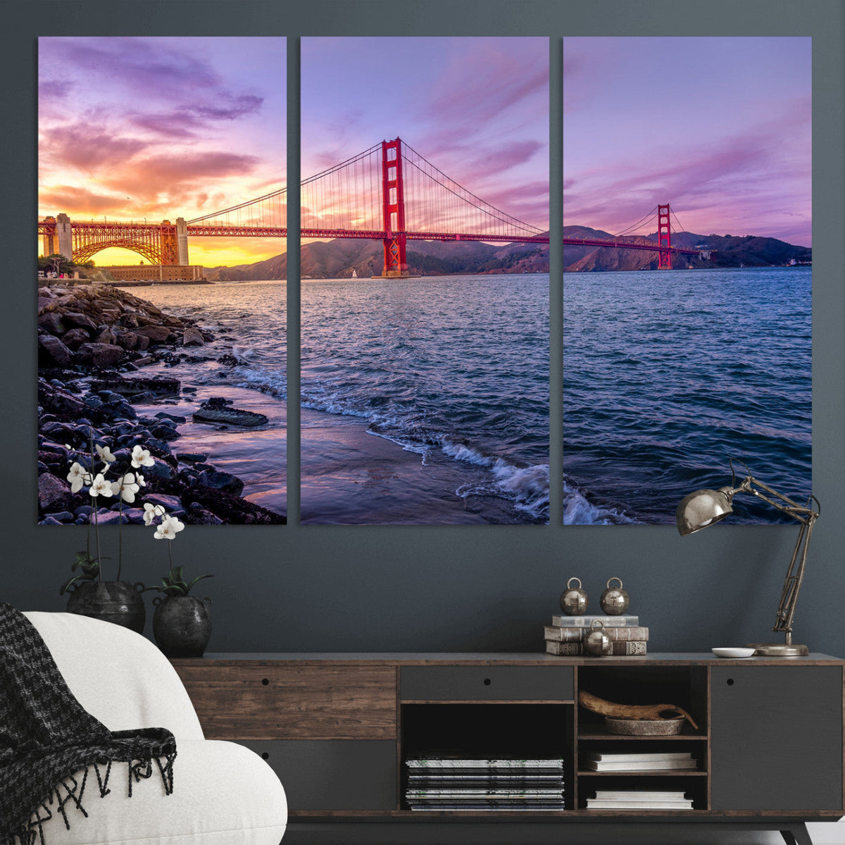 Golden Gate Bridge Wall Art Canvas Print, Framed San Francisco Sunset Landmark