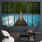 Suspension Bridge Over River Canvas Art | 3-Panel Nature Wall Art