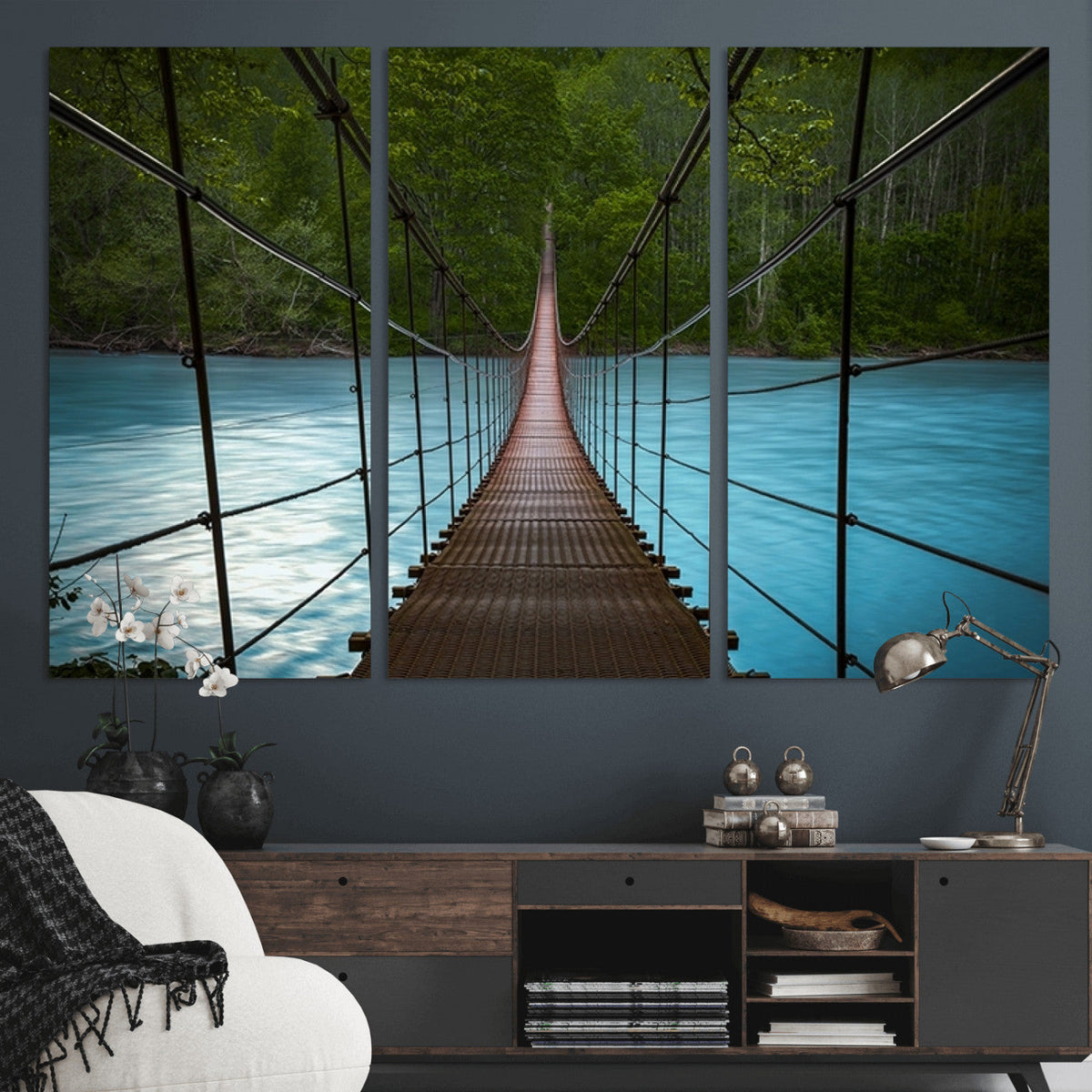 Suspension Bridge Over River Canvas Art | 3-Panel Nature Wall Art