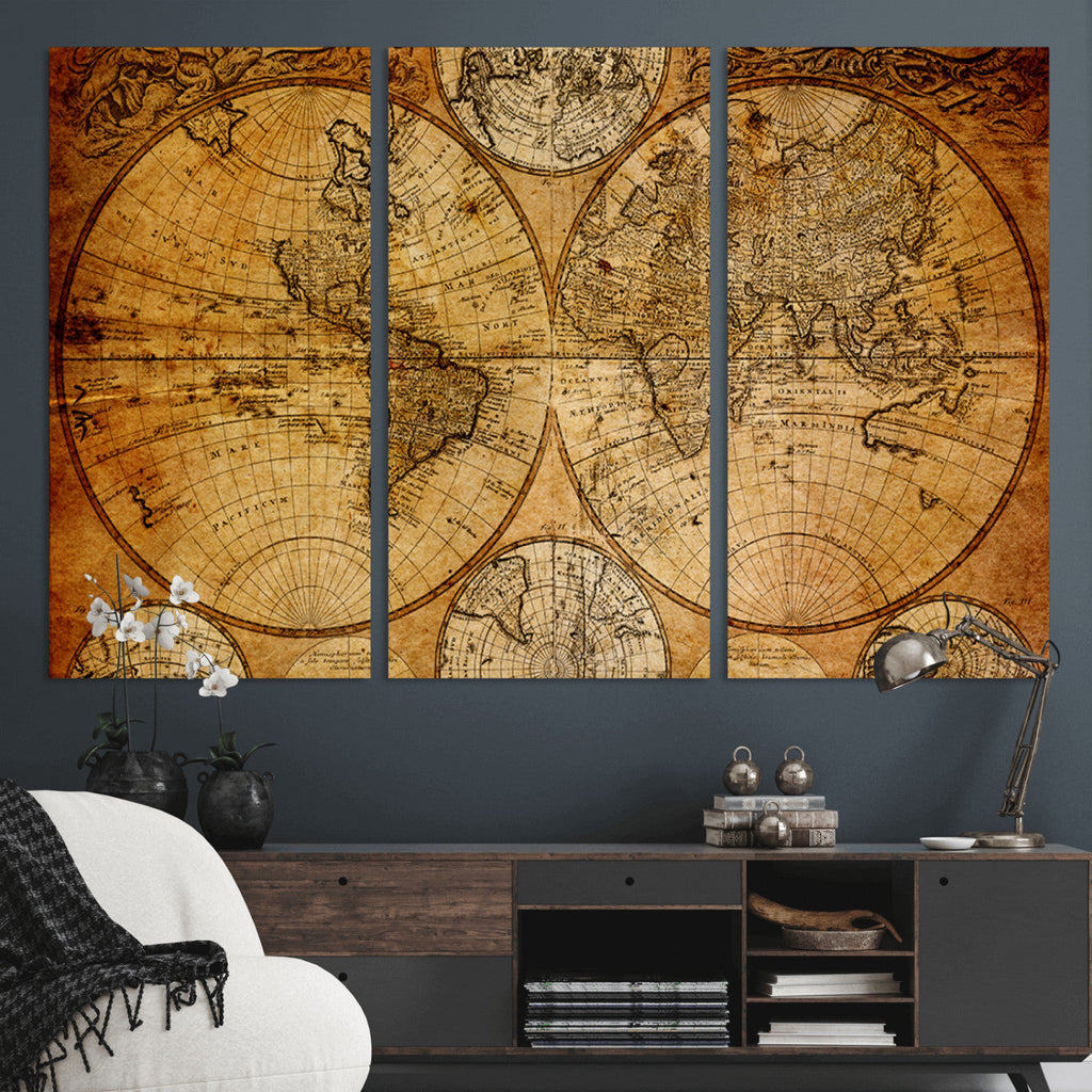 Vintage World Map Canvas Print | Antique Push Pin Travel Map