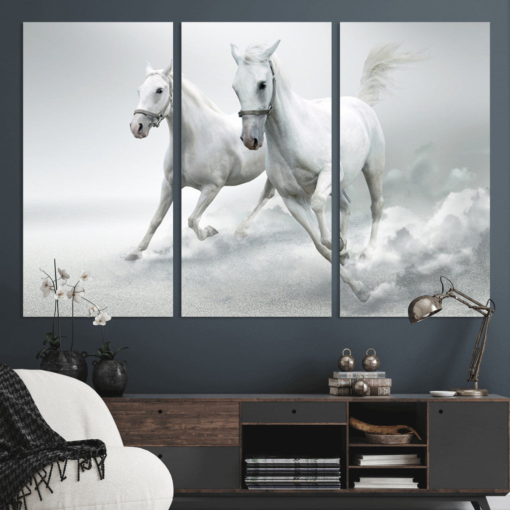 Large Wall Art Canvas Print, Beautiful Running White Horses