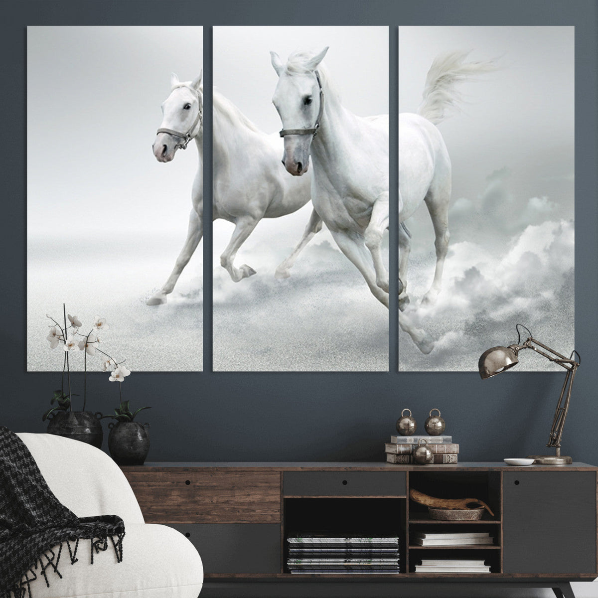 Large Wall Art Canvas Print, Beautiful Running White Horses